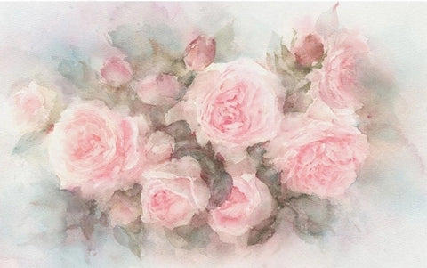 Image of Hand-Painted Watercolor Pink Roses Wallpaper Mural, Custom Sizes Available
