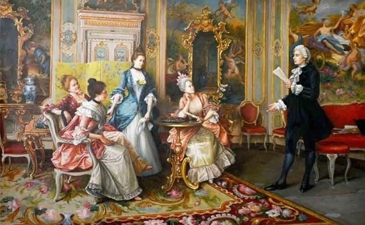 Man Reading to Courtly Ladies Wallpaper Mural, Custom Sizes Available