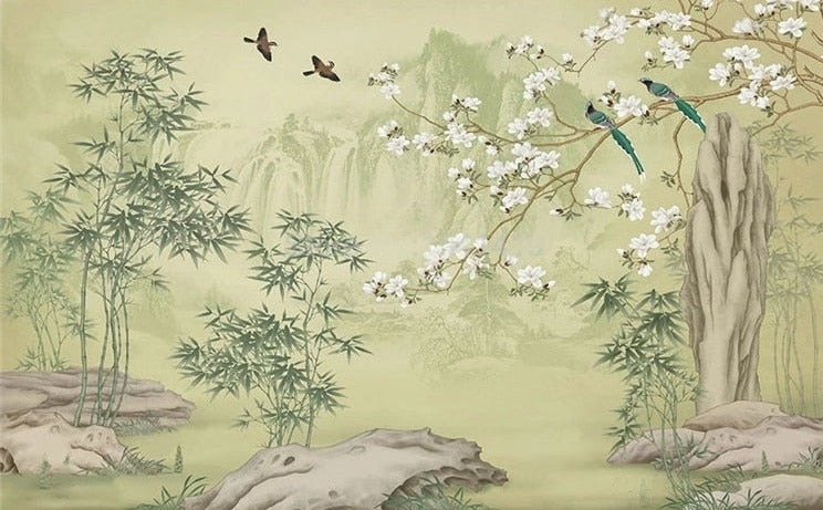 Hand-Painted Chinese Birds and Bamboo Wallpaper Mural, Custom Sizes Available