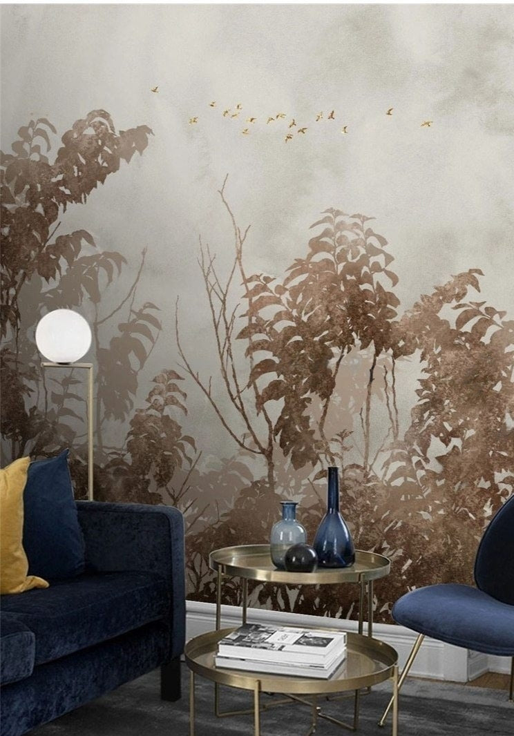 Mural de papel pintado con bosque neblinoso y pájaros, tamaños personalizados disponibles