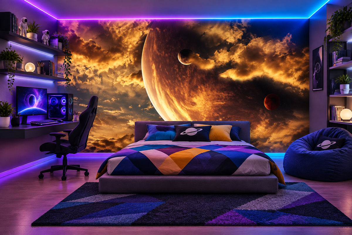 Fantasy Cloudy Planets Wallpaper Mural, Custom Sizes Available