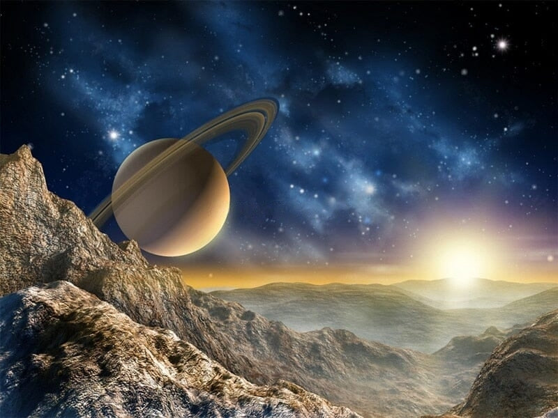 Sunrise Over Rocky Planet Fantasy Wallpaper Mural, Custom Sizes Available