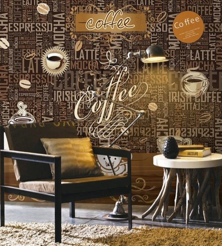 Coffee Shop Scripted Wallpaper Mural, Custom Sizes Available
