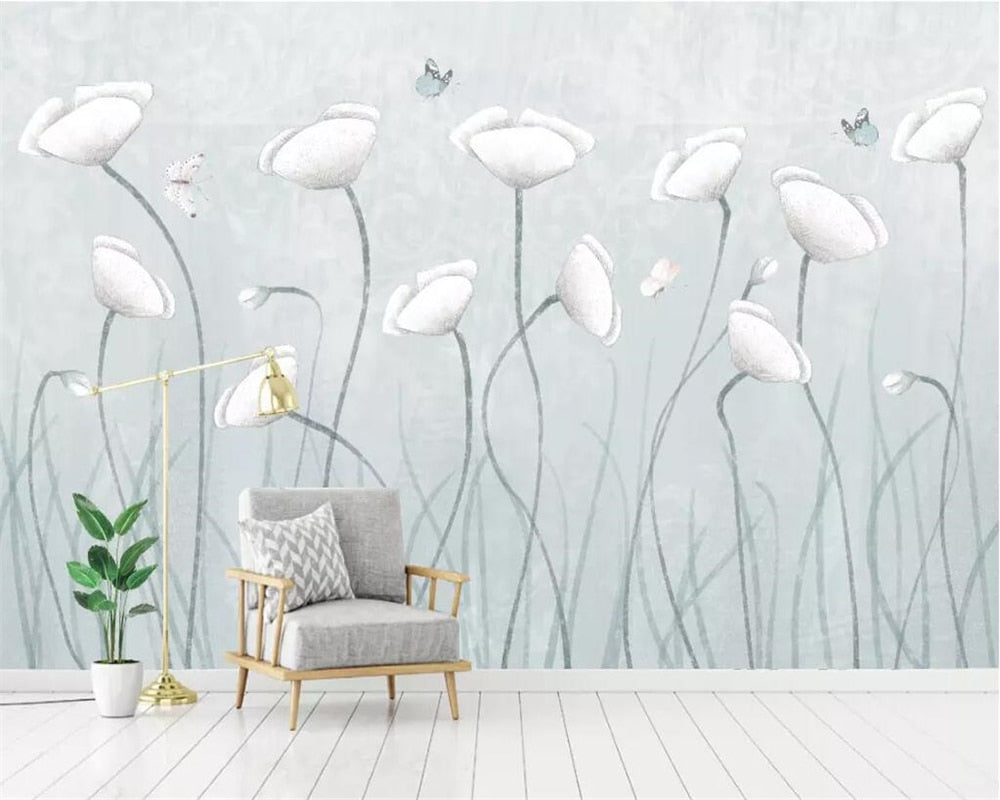 White Flowers And Butterflies Wallpaper Mural, Custom Sizes Available