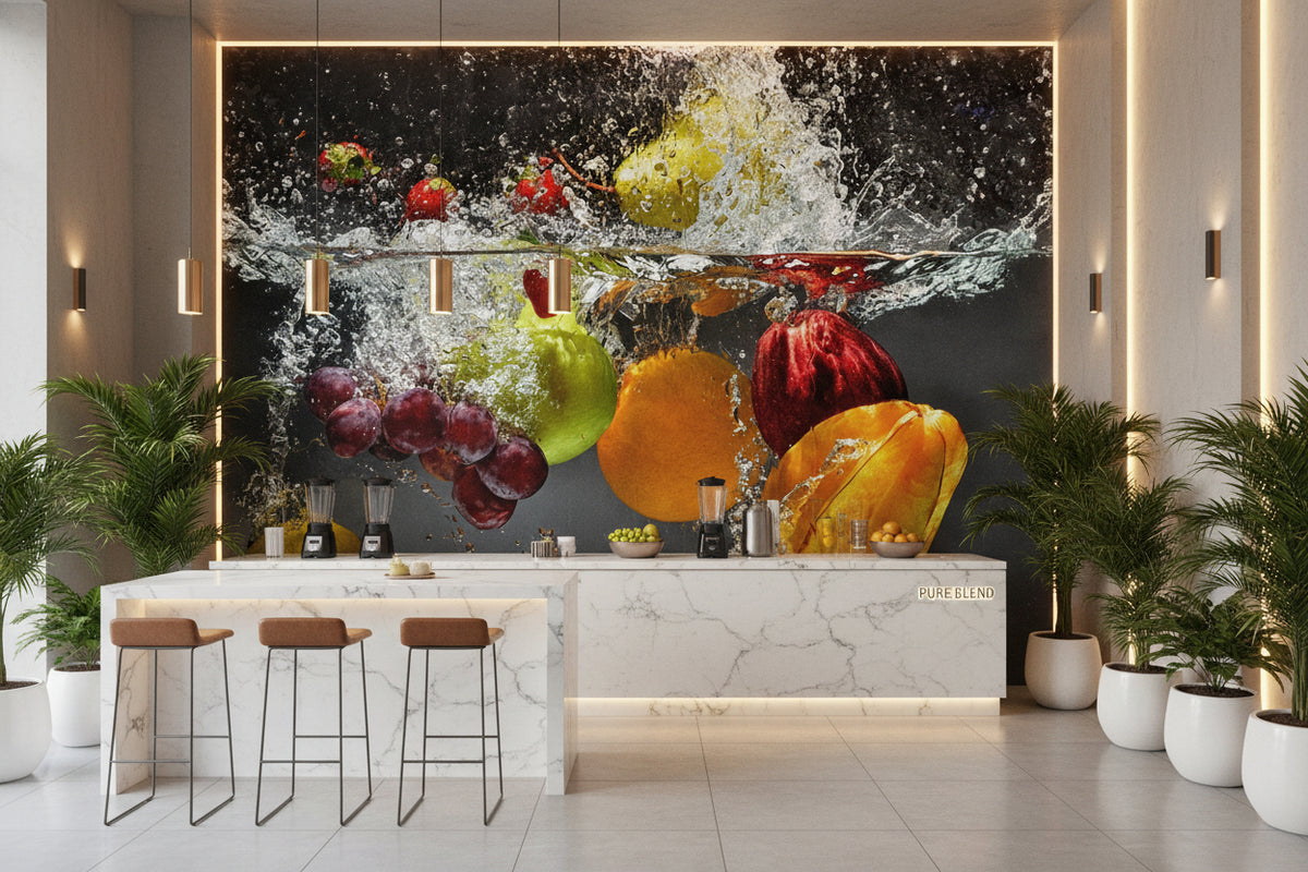 Refreshing Fruit Splashing Into Water Wallpaper Mural, Custom Sizes Available