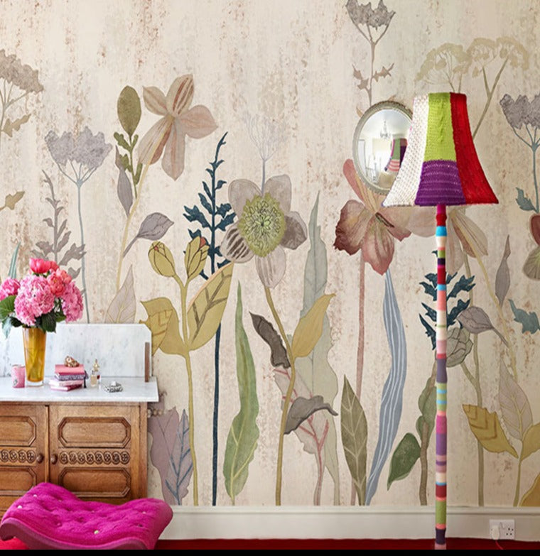 Hand-Painted Garden Flower Wallpaper Mural, Custom Sizes Available