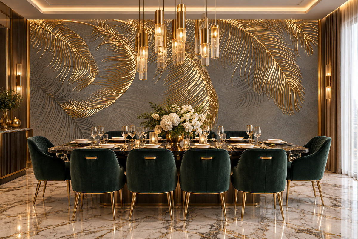 Gold Palm Leaves Wallpaper Mural, Custom Sizes Available