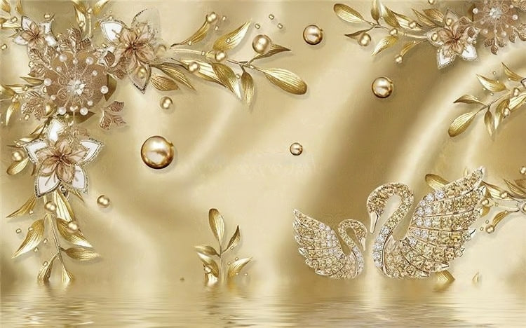 Mural de papel pintado con flores doradas y joyas, tamaños personalizados disponibles