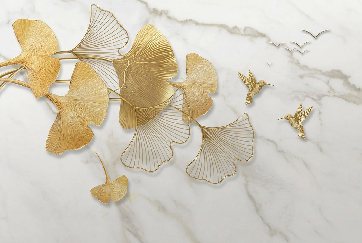 Golden Ginkgo Leaf With Flying Bird Marble Wallpaper Mural, Custom Sizes Available