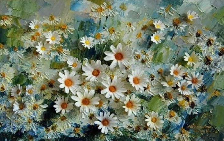 White Daisies Painting Wallpaper Mural, Custom Sizes Available