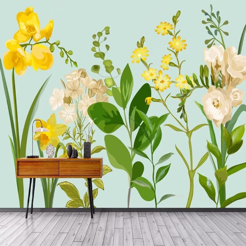 Hand-Painted Floral Botanicals Wallpaper Mural, Custom Sizes AvaIlable