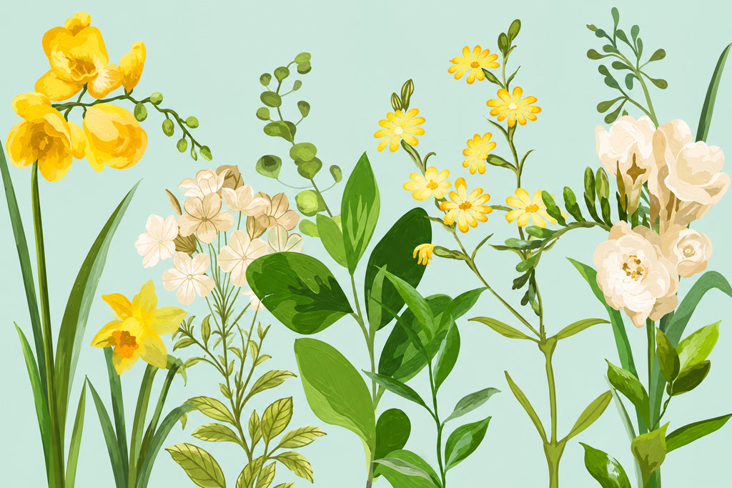 Hand-Painted Floral Botanicals Wallpaper Mural, Custom Sizes AvaIlable