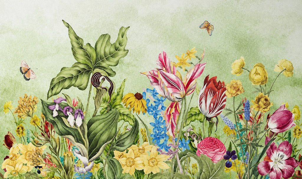 Beautiful Hand-Painted Flowers and Butterflies Wallpaper Mural, Custom Sizes Available