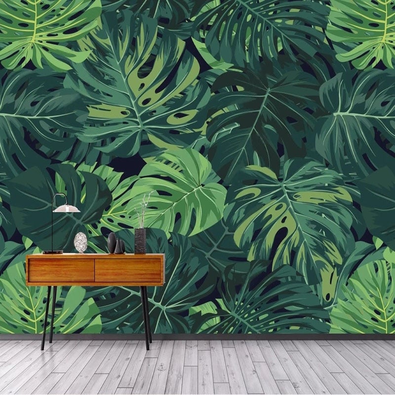 Hand-Painted Green Monstera Leaves Wallpaper Mural, Custom Sizes Available
