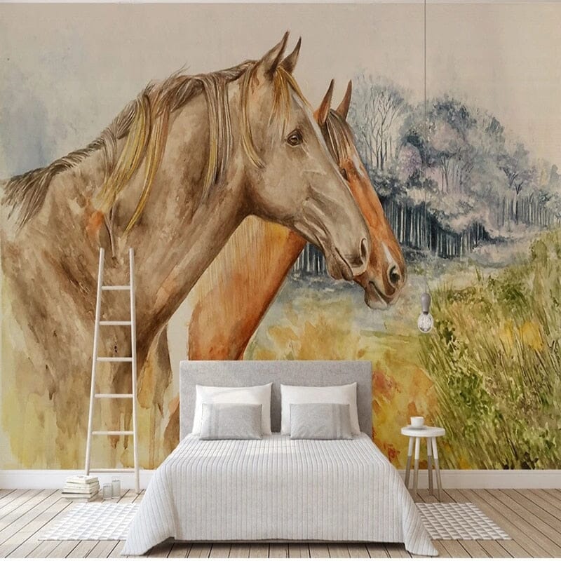 Mural de papel pintado con caballos pintados a mano, tamaños personalizados disponibles