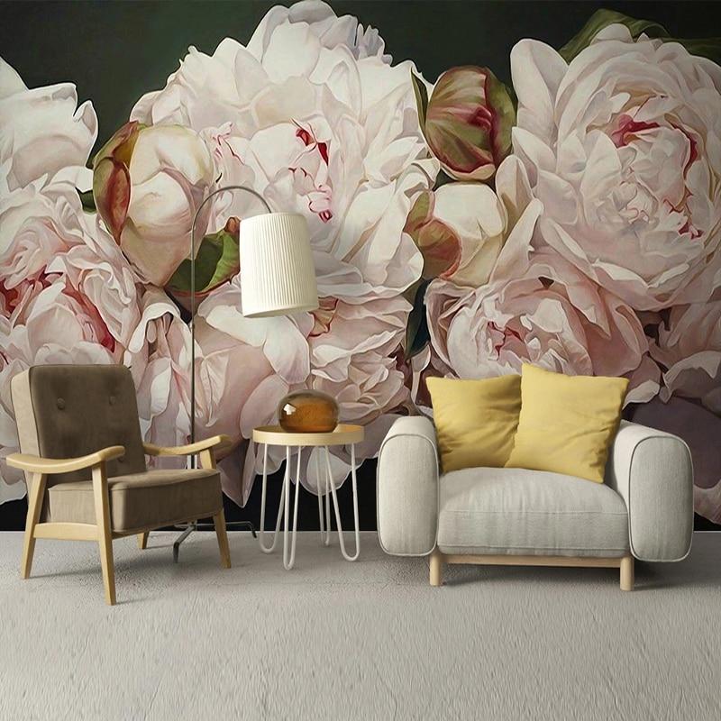 Mural de papel pintado con peonías pintadas a mano, tamaños personalizados disponibles