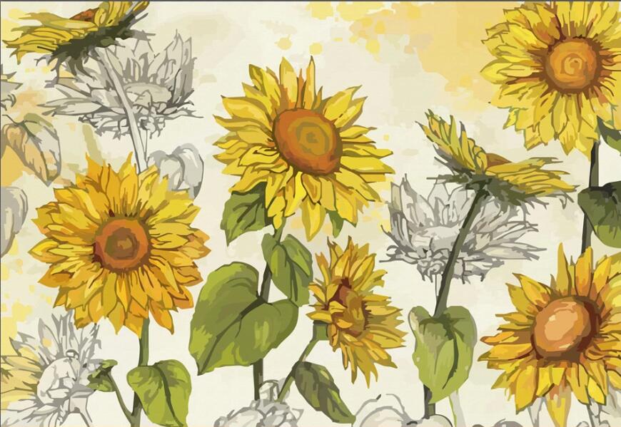 Hand-Painted Sunflowers Wallpaper Mural, Custom Sizes Available