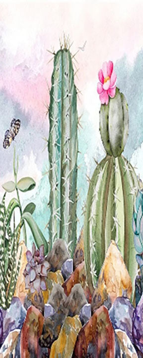 Hand-Painted Watercolor Cactus Wallpaper Mural, Custom Sizes Available
