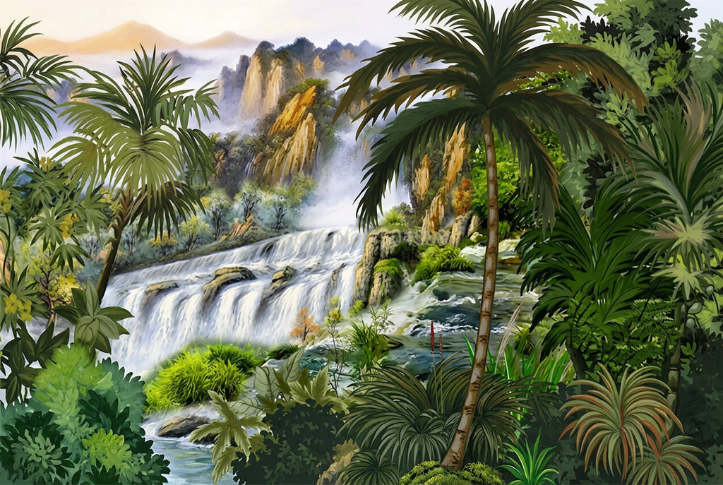 Hand-Painted Waterfall Tropical Rainforest Wallpaper Mural, Custom Sizes Available