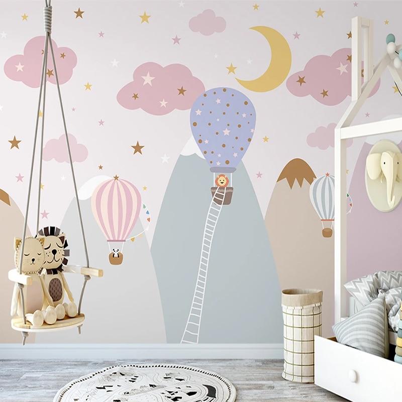 Hot Air Balloons with Pink Clouds and Starry Sky Wallpaper Mural, Custom Sizes Available