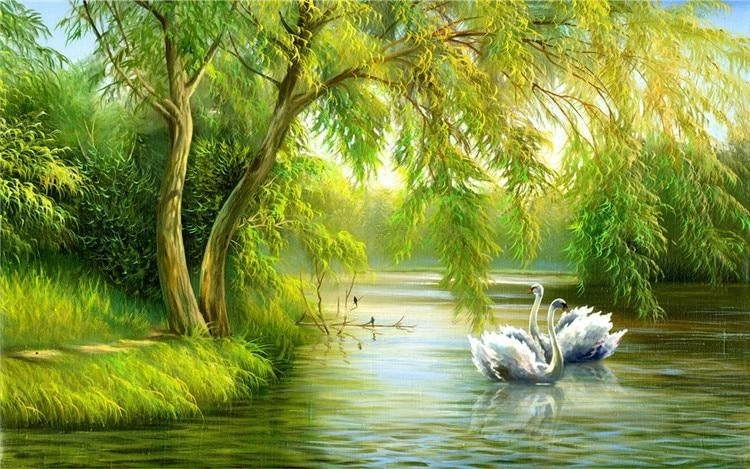 Serene Swans On A Lake and Trees Wallpaper Mural, Custom Sizes Available