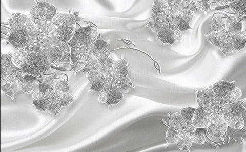 Image of Exquisite Silver Floral Jewelry on Silk Background Wallpaper Mural, Custom Sizes Available