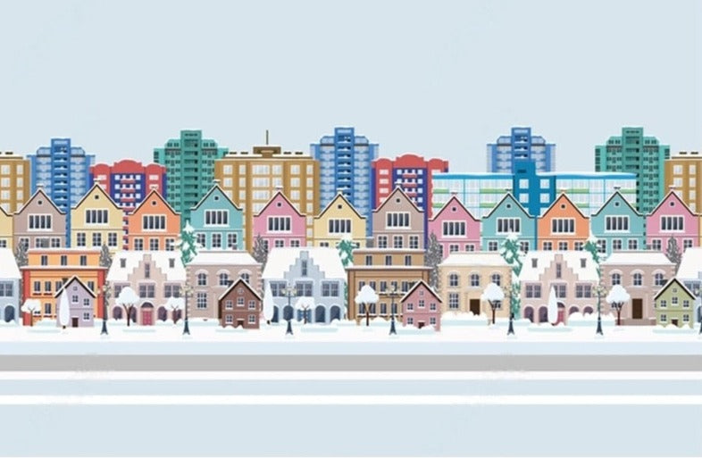 Colorful Cartoon City Buildings Wallpaper Mural, Custom Sizes Available