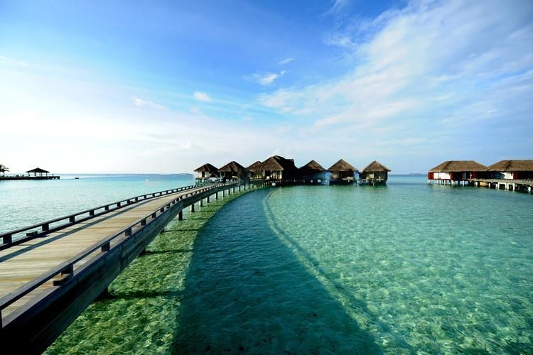 Maldives Boardwalk To Tiki Huts Wallpaper Mural, Custom Sizes Available