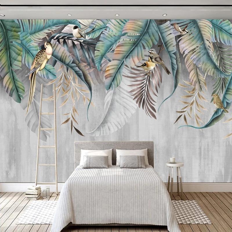 Tropical Plant Leaves with Birds Wallpaper Mural, Custom Sizes Available