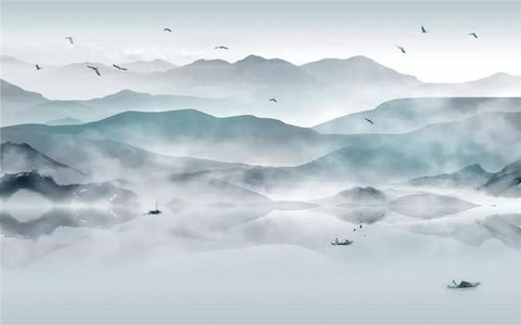 Mural con paisaje montañoso brumoso, tamaños personalizados disponibles