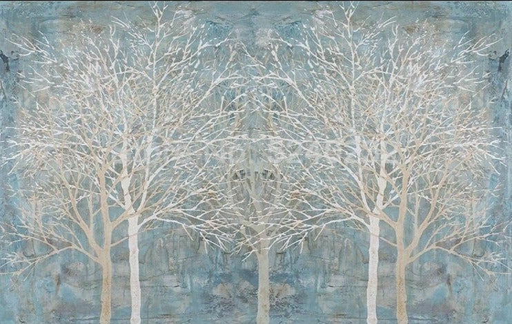 Papel Pintado Ramas de Árbol Blanco Estilo Nórdico Sobre Fondo Azul, Tamaños Personalizados Disponibles
