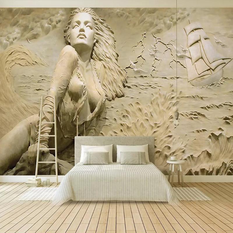 Nude Lady On A Beach With Sailing Ship Wallpaper Mural, Custom Sizes Available