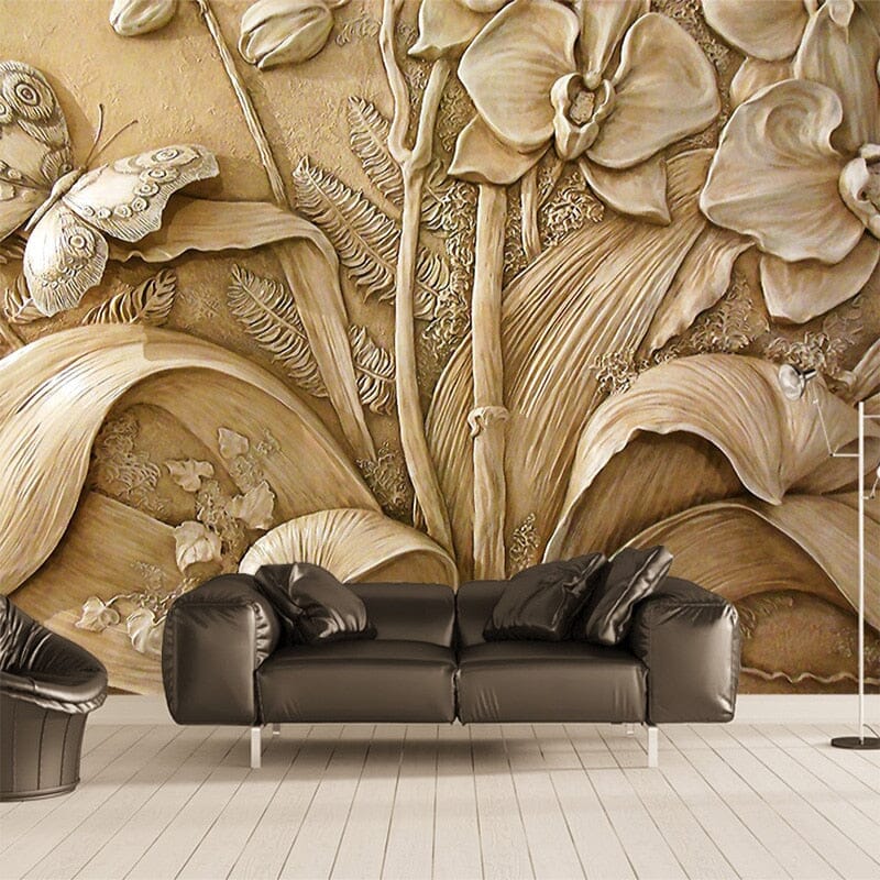 Orchid and Butterfly Relief Wallpaper Mural, Custom Sizes Available