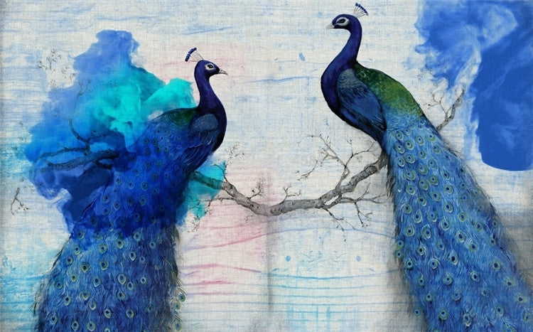 Majestic Pair of Blue Peacocks Wallpaper Mural, Custom Sizes Available