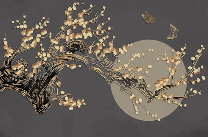 Plum Blossom Over Moon Background Wallpaper Mural, Custom Sizes Available