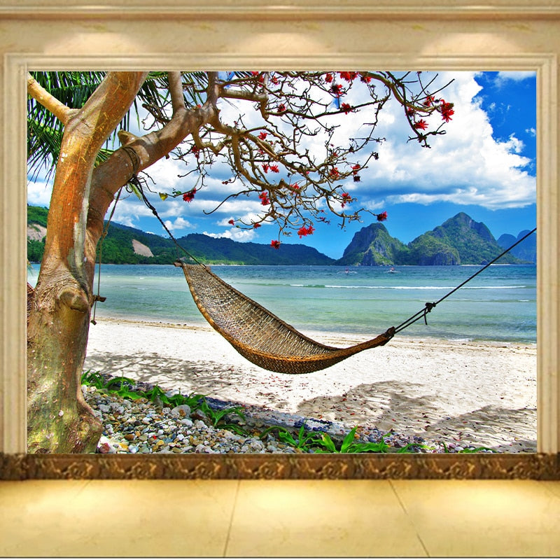 Relaxing Hammock By the Ocean Wallpaper Mural, 
Custom Sizes Available