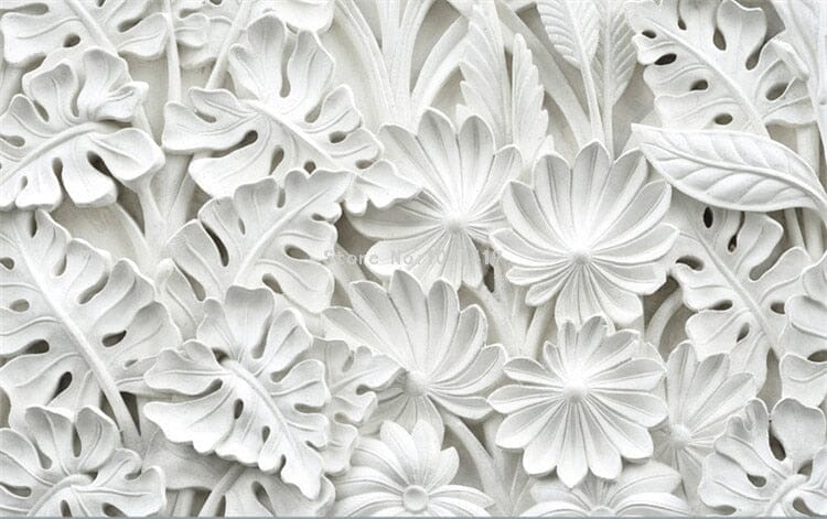 White Leaves Relief Sculpture Wallpaper Mural, Custom Sizes Available