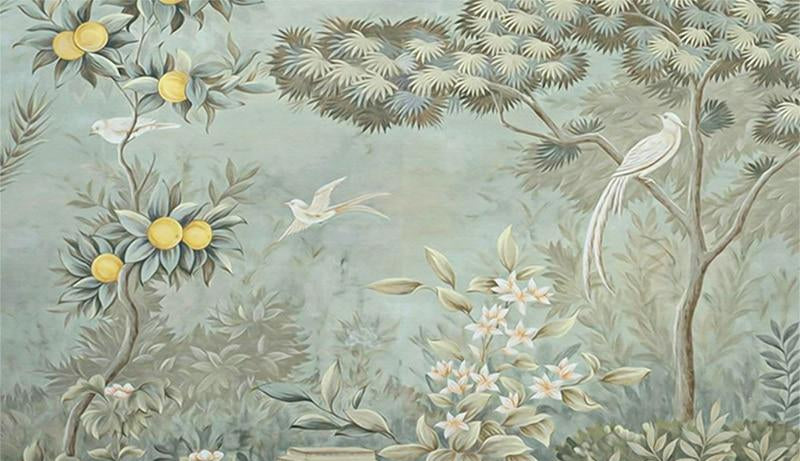 Retro Birds, Lemons and Trees Wallpaper Mural, Custom Sizes Available