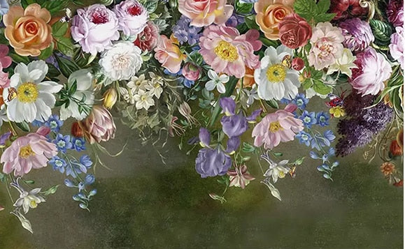 Retro Hand Painted Roses and Flowers Wallpaper Mural, Custom Sizes 
Available