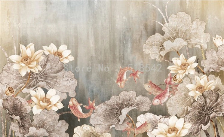 Retro Lotus and Fish Wallpaper Mural, Custom Sizes Available