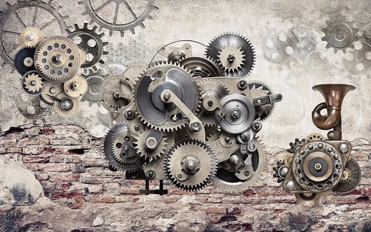 Retro Mechanical Gears With Brick Wall Wallpaper Mural, Custom Sizes Available