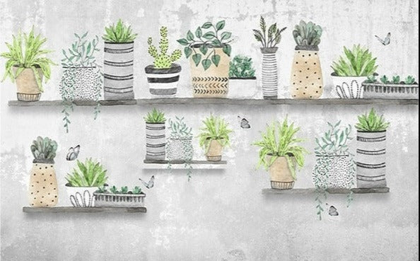 Retro Hand-painted Succulent Pots Wallpaper Mural, Custom Sizes Available