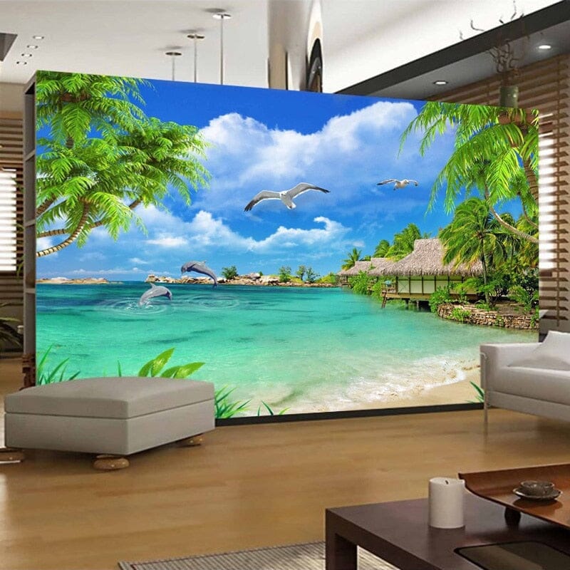 Papel Pintado Playa de Arena con Cabaña Tiki, Tamaños Personalizados Disponibles