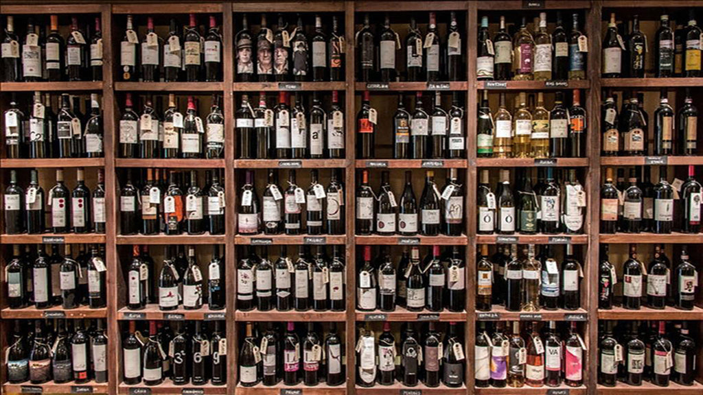 Decorative Shelves of Wine Bottles Wallpaper Mural, Custom Sizes Available
