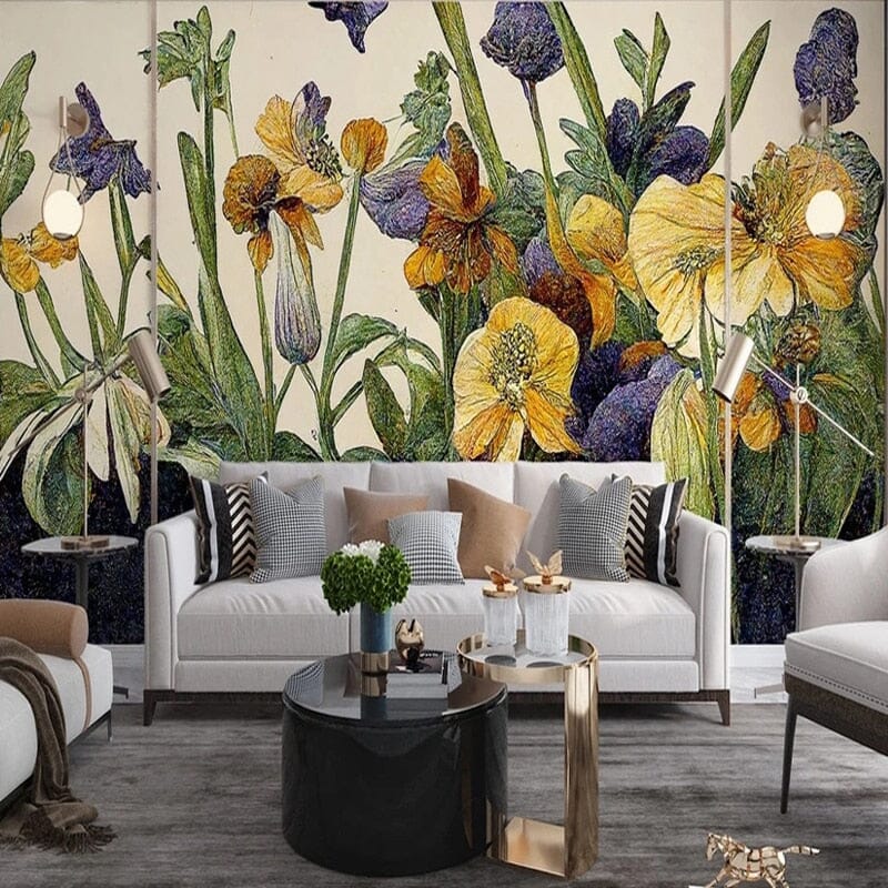 Hand-Painted Wildflowers Wallpaper Mural, Custom Sizes Available
