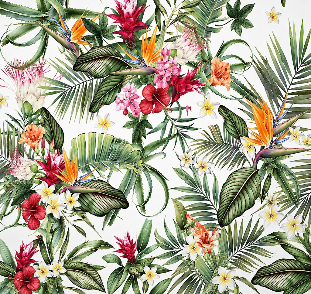 Tropical Plants With Blooms Wallpaper Mural, Custom Sizes Available