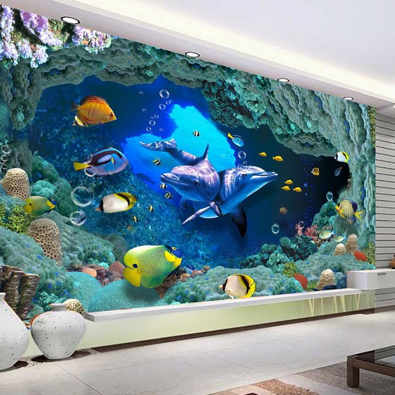 Underwater Dolphins and Tropical Fish Wallpaper Mural, Custom Sizes Available