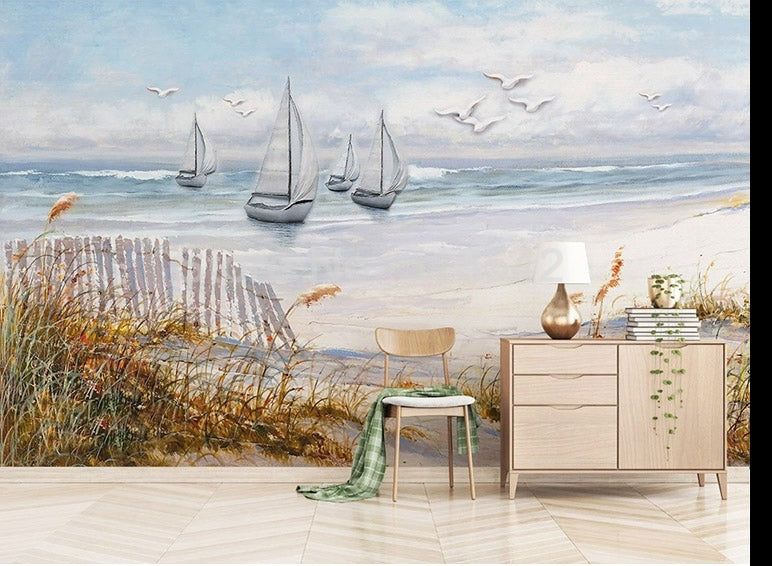 Watercolor Sail Boats and Sand Dunes Wallpaper Mural, Custom Sizes Available