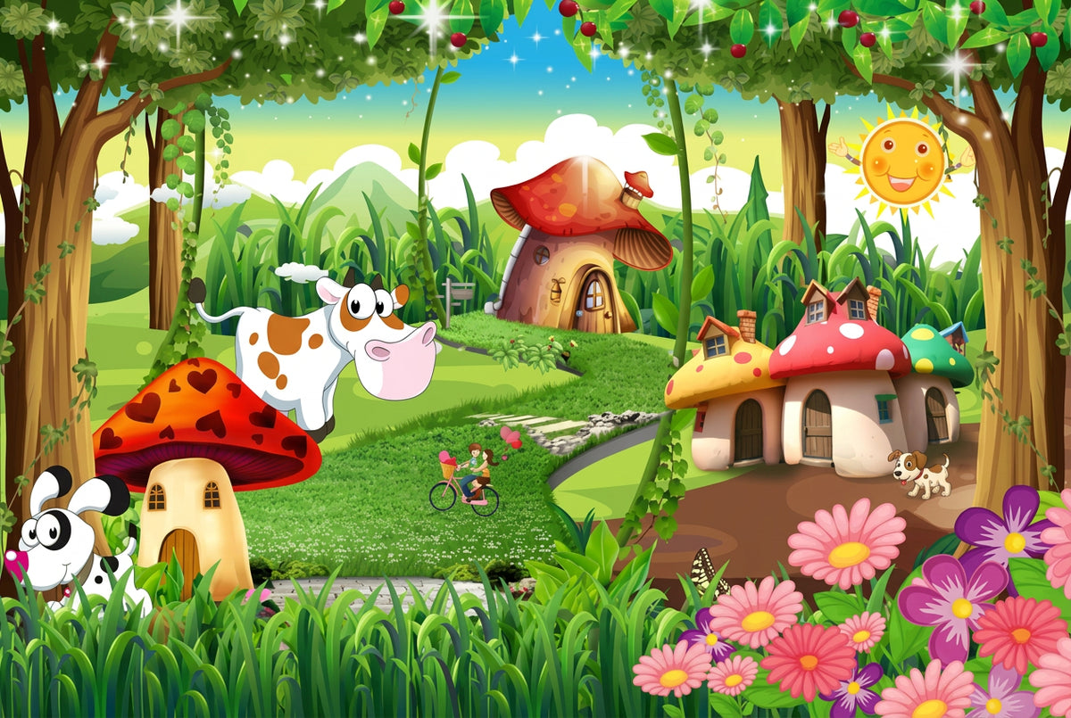 Whimsical Mushroom Village Wallpaper Mural, Custom Sizes Available