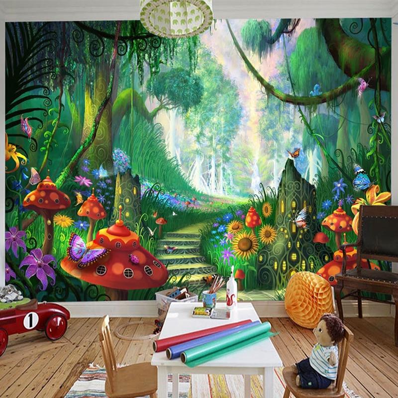 Whimsical Rainforest with Mushrooms Wallpaper Mural, Custom Sizes Available